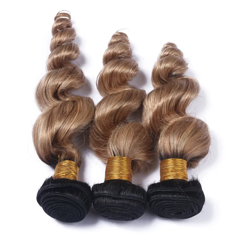 Ombre Honey Blonde Peruvian Virgin Mänsklig Hårväv Double Wefts Loose Wave 1b / 27 Ljusbrun Ombre Mänskliga Hårbuntar Detaljer 10-30 