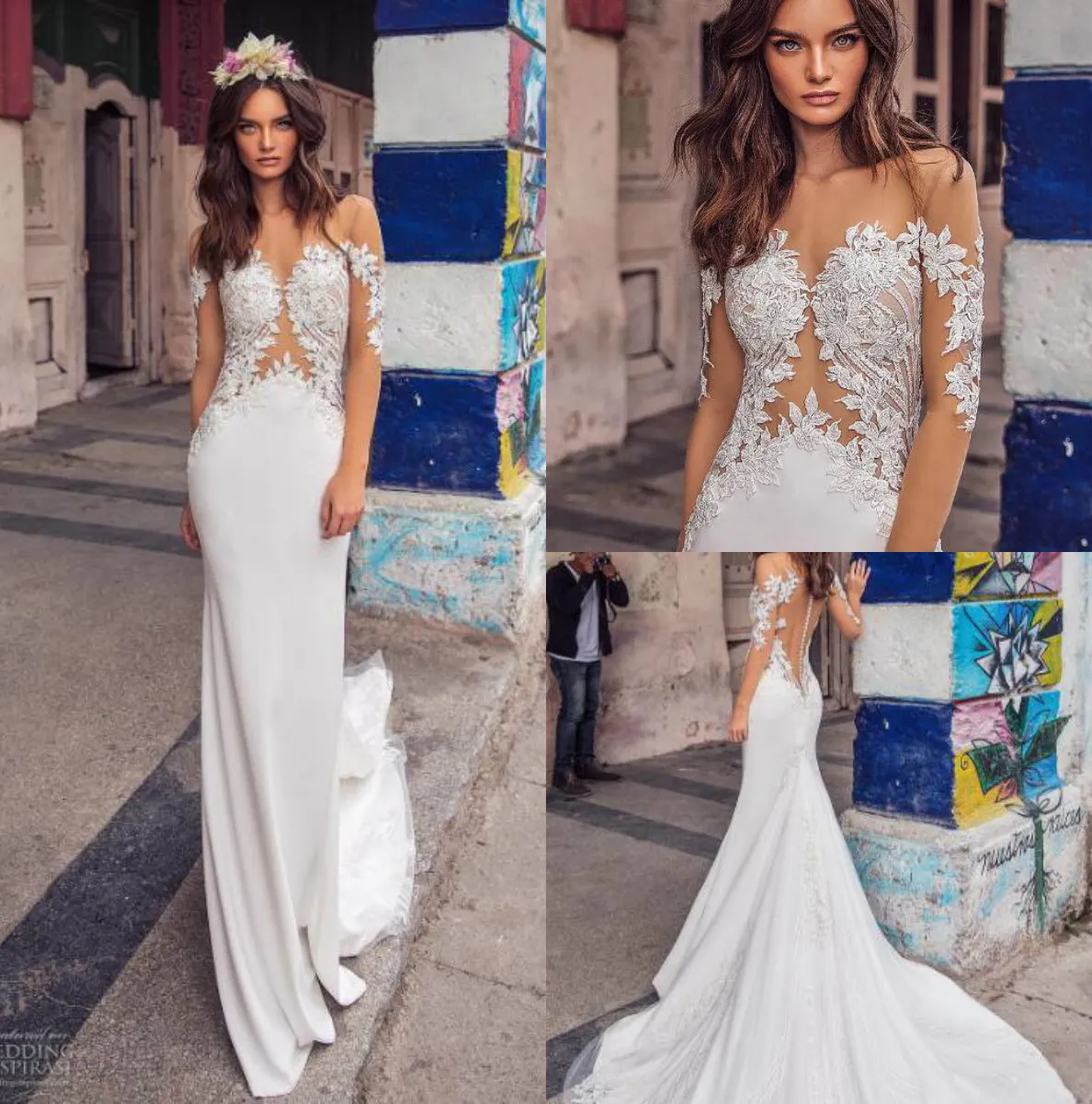 Lorenzo Rossi Mermaid Wedding Dresses Sheer Neck Long Sleeve Bridal Gowns Appliqued Beach Wedding Dress vestido de novia Custom