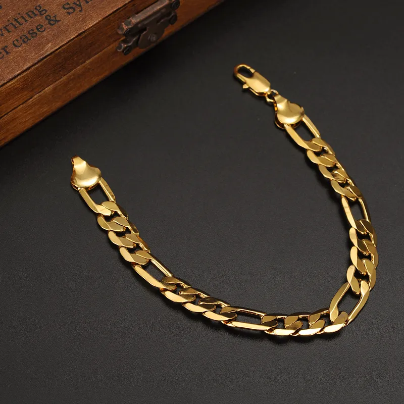 Mens 24 K Solid Gold GF 10mm italiensk Figaro Link Chain Armband 8 7 tum smycken155L