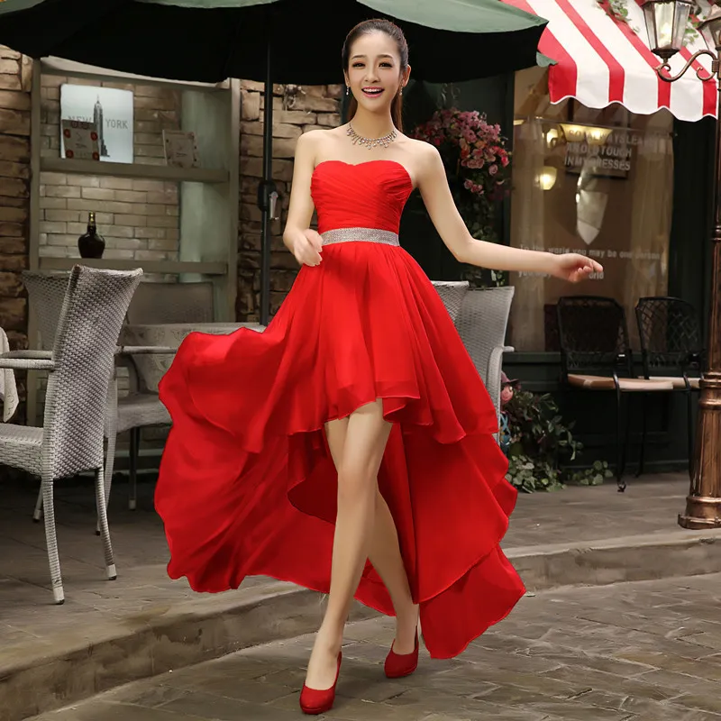 Best Sale 2018 Crystal Sashes Sleeveless Pleat Chiffon Short Front Long Back Bandage Evening Dresses