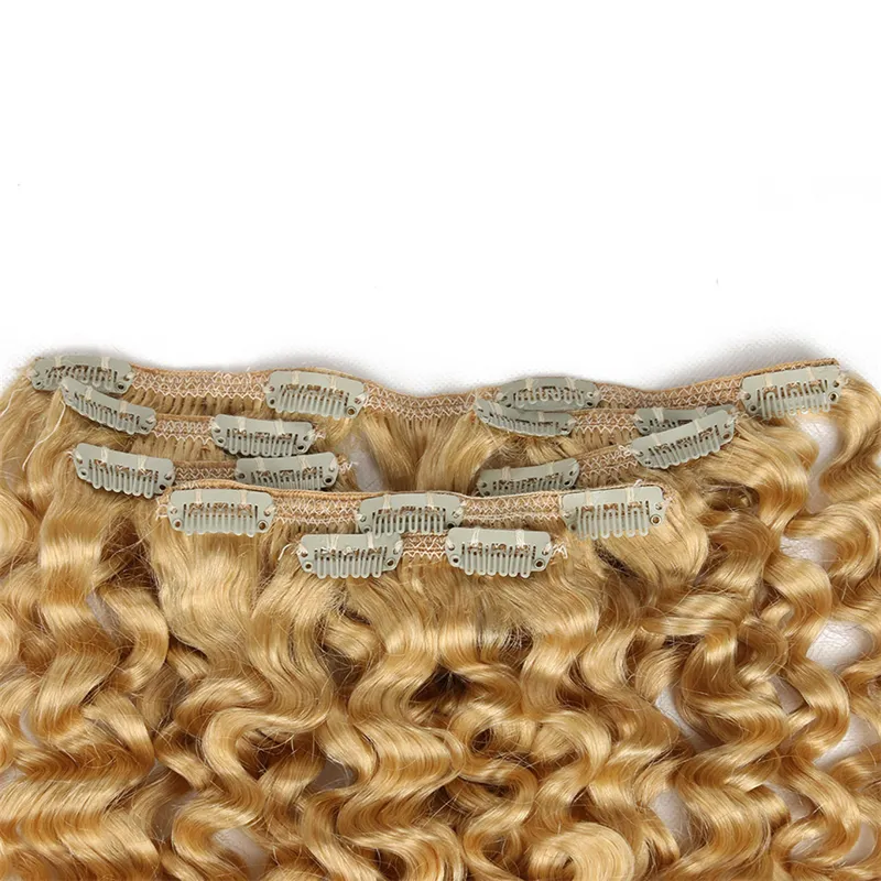 100g Brazylijski Kinky Curly Blonde Color 613 Maszyna Made Remy Clip in Human Hair Extensions Gruby 7 sztuk / zestaw Brazylijski Włosy 4B 4C