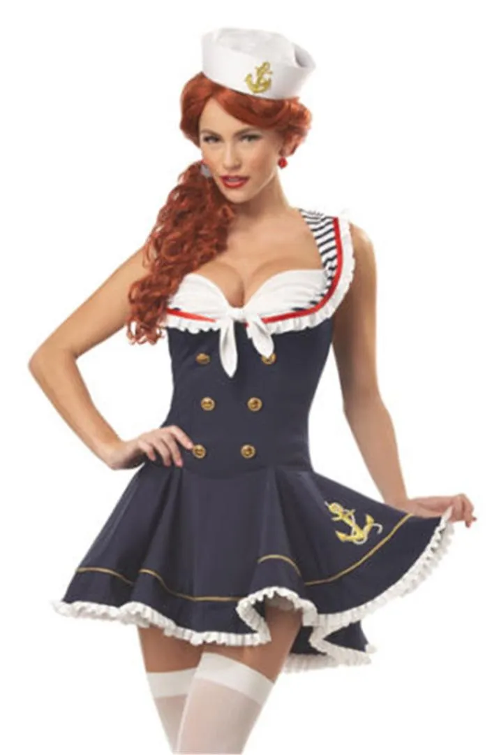 WHWH Femmes Halloween Sexy Nautique Marine Sailor Pin Up Stripe Cosplay Costume Mini Robe Déguisement Avec Chapeau Taille M XL322B