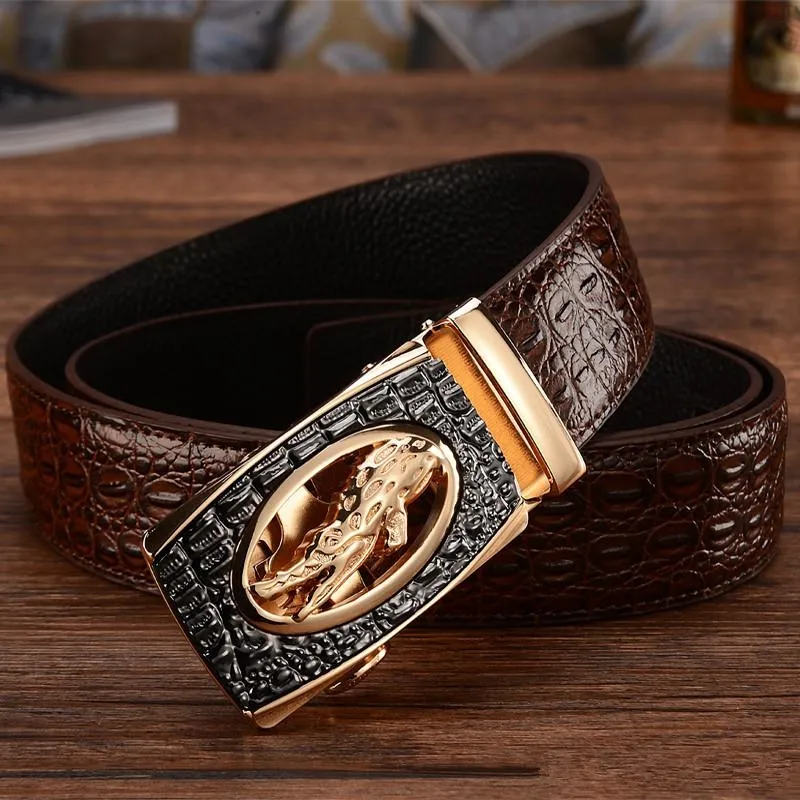 Mens Alligator Embossed Plaque Buckle Cowskin Genuine Leather Ratchet Belt 3D Crocodile Pattern Jeans Belts For Men 