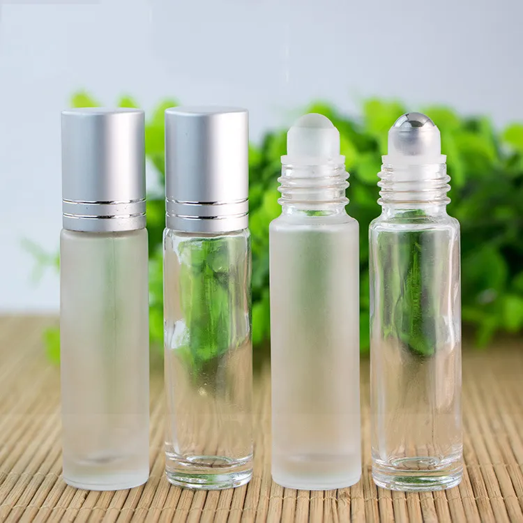 10ml Essential Oil Butelki Roll-On Transparent Frosted Glass Butelka Ze Stali Nierdzewnej Kulki rolkowe Srebrne Cap Butelki