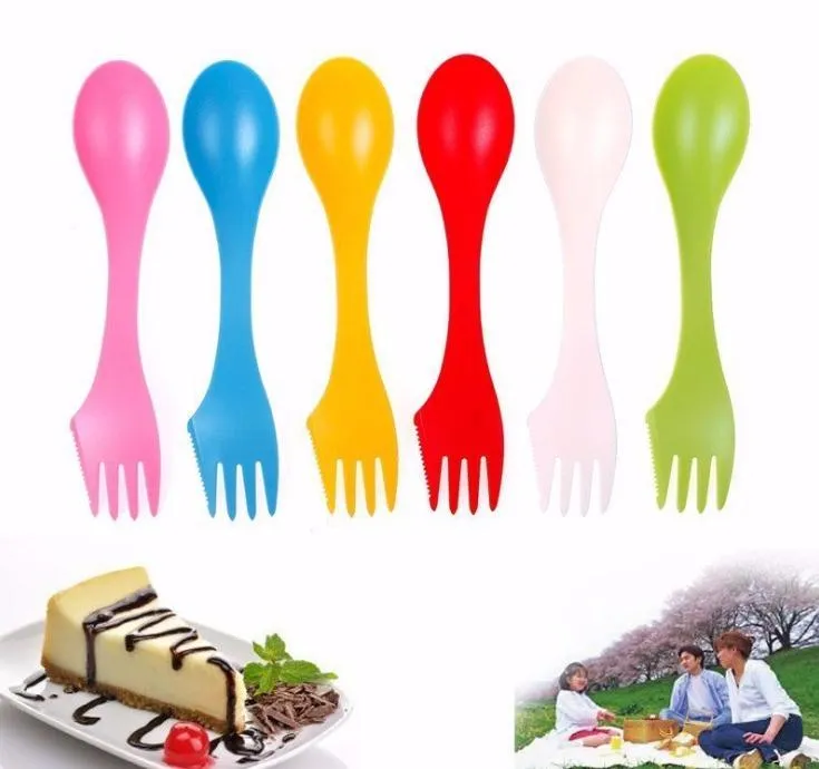 3 en 1 cuillère en plastique fourchette couteau Camping randonnée ustensiles Spork Combo voyage Gadget cuisine vaisselle 6 couleurs SN2136