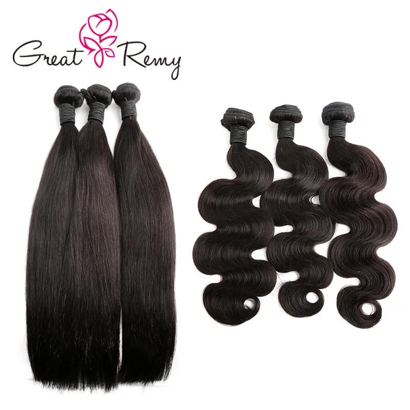 Greatremy®3PCS/ロットドナーブラジルバージンヘア織り束ナチュラルブラックボディウェーブストレートカーリーヒトヘアエクステンション300g /ロット