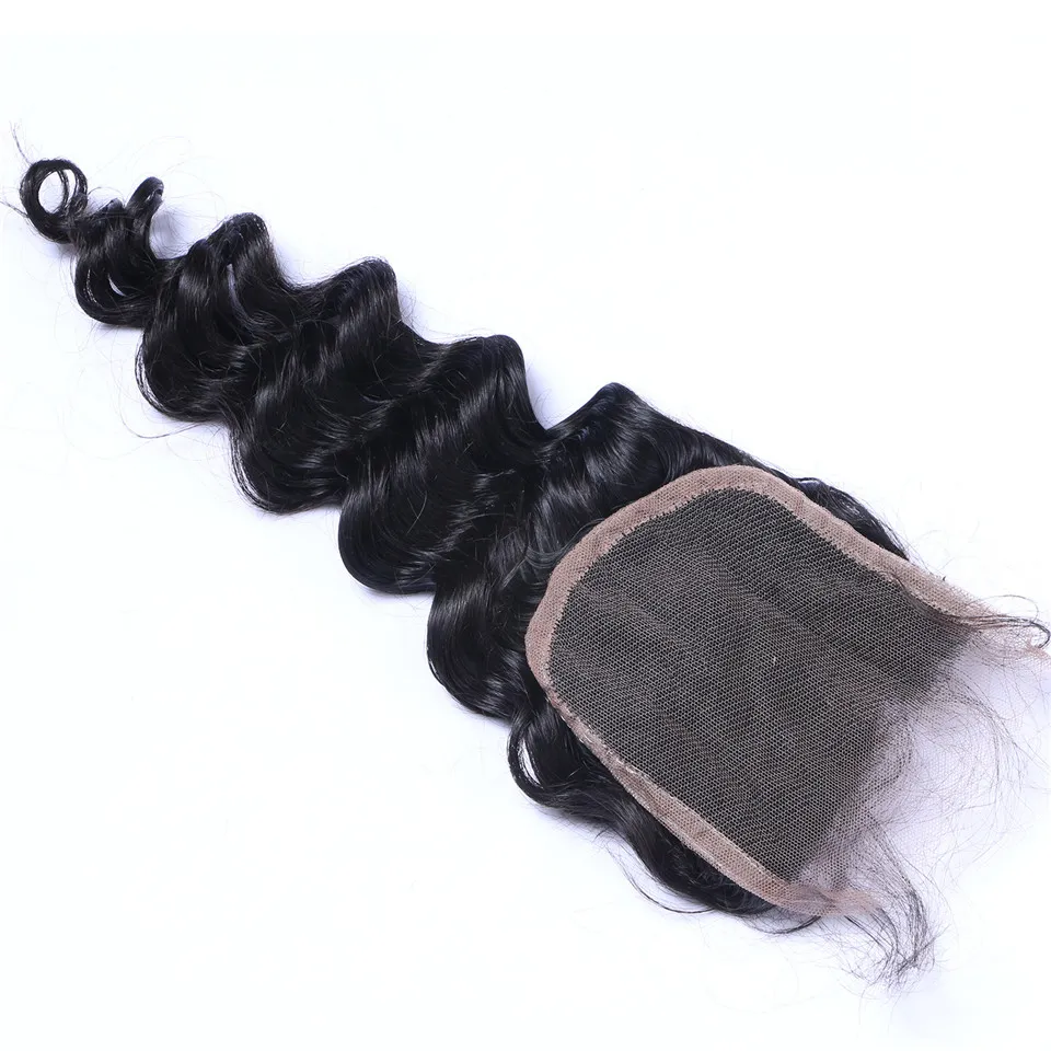 Onda profunda solta 4x4 Fechamentos de laço de cabelo humano Natural Natural Negra Branqueado Pré-arrancado