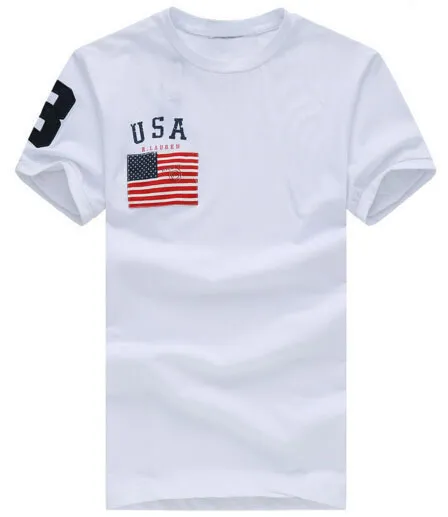 Sommar T-shirts USA Flagga med stor ponny bomull T-shirt O-Neck Sport Tees Top Navy Blue White Red S-XXL