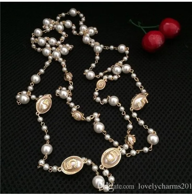 2016 mode femmes chaîne dorée élégante perle perlée Design long chandail chaîne colliers brins/cordes cadeau de noël