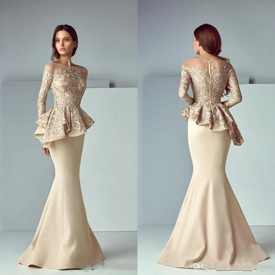 Koronki Szampana Długie Rękawy Syrenki Suknie Wieczorowe Arabski Sheer Meth Top Satin Peplum Długość Formalna Party Prom Dresses BA8170