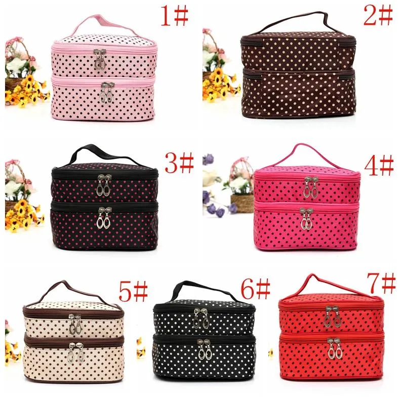 Borsa cosmetici a doppio strato Borsa trucco portatile Borsa il trucco da viaggio alla moda Piccoli puntini ragazza Bella borsa il trucco