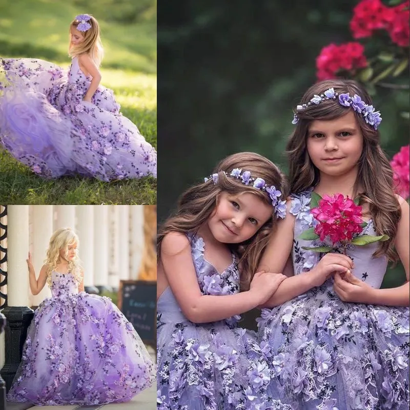 Prachtige pluizige bloem meisje jurken met 3D floral applique v-hals veter-up backless meisjes verjaardag jurk mooie meisjes pageant jurken