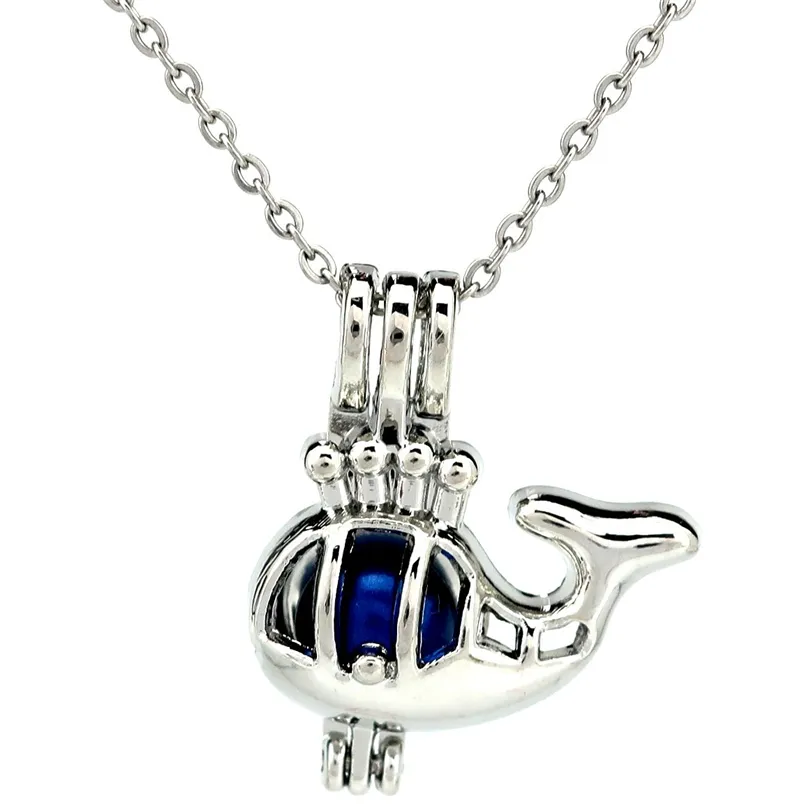 Silver Whale Spout Ocean Essential Oil Diffuser Locket Women Aromatherapy Beads Pearl Cage Necklace Pendant-Boutique gift