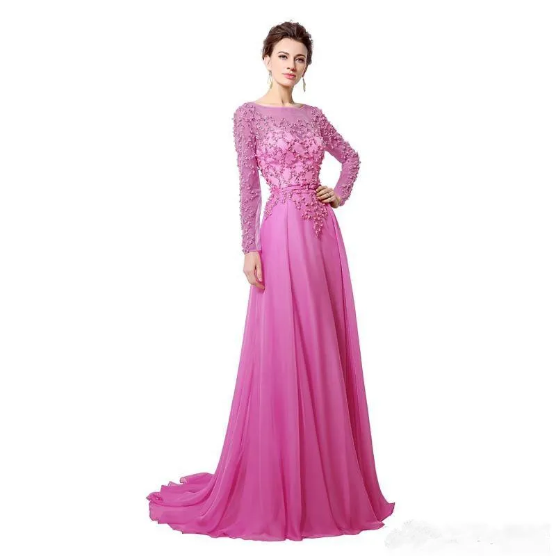 2019 New Fashion Long Evening Dress Illusion Jewel Neck Pearls Sash A-Line Floor Length Tulle Cheap Celebrity Party Gowns Prom Dress