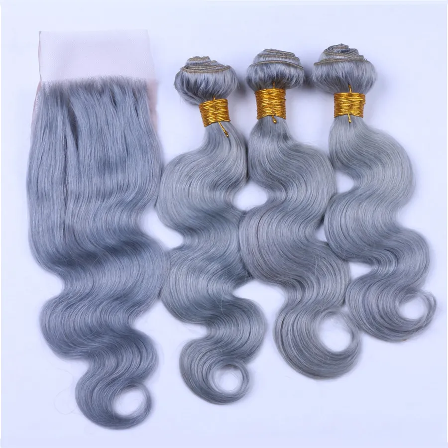 Ruma Hair Sliver Grey Pure Color Peruaans maagdelijk haar 3 bundels met vetersluiting Body Wave Goedkoop haar met 44 vetersluiting8411886