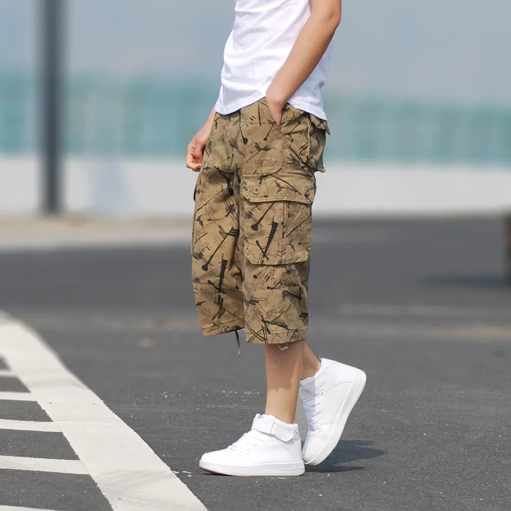 Top Mens  Cargo Pants Baggy Calf-Length Pants Casual Coon Multi Loose Pocket Short Trousers For Man Overalls Army Pant