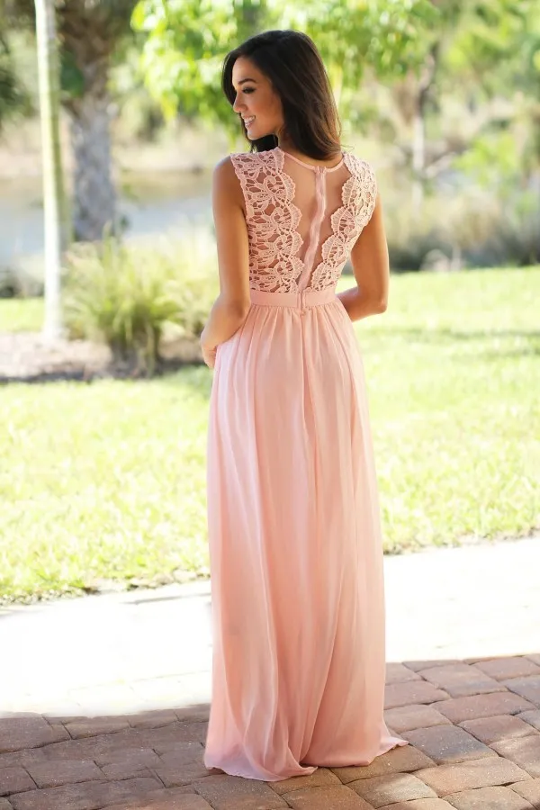 2019 Latest Country Bridesmaid Dresses Long Jewel Neck A Line Blush Pink Pretty Lace and Chiffon Elegant Maid of Honor Dresses Formal Gowns