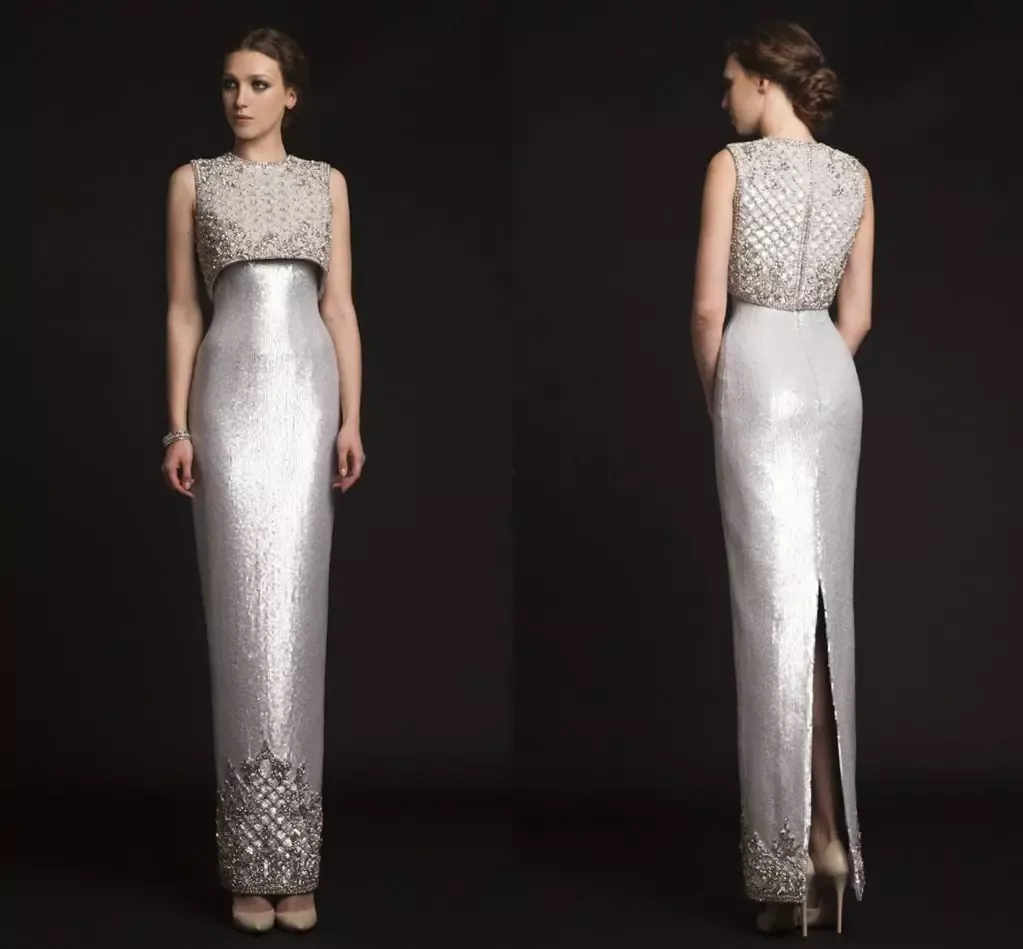 2019 New Luxury Krikor Jabotian Mãe Da noiva Vestidos Beading Bainha Vestido De Noite De Prata Dividir Formais Vestidos