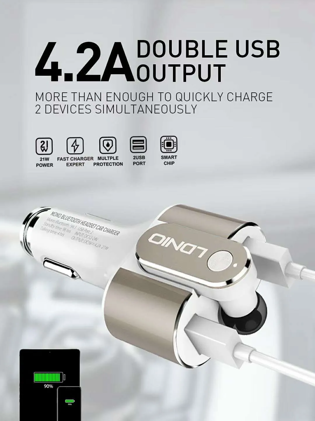 LDNIO 2 In 1 Car Kit With Bluetooth Headset And Charger In Ear