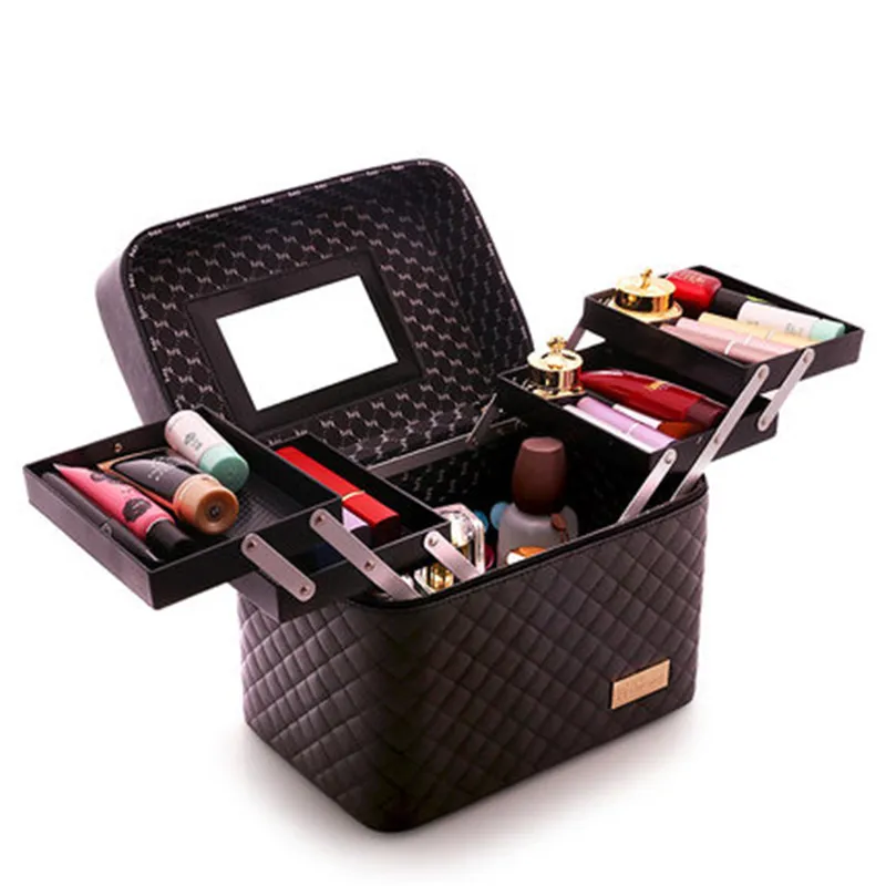 Professional Women Large Capacity Makeup Organizer Case Fashion Toiletry Cosmetic Bag Multilayer Storage Box Portable Suitcase