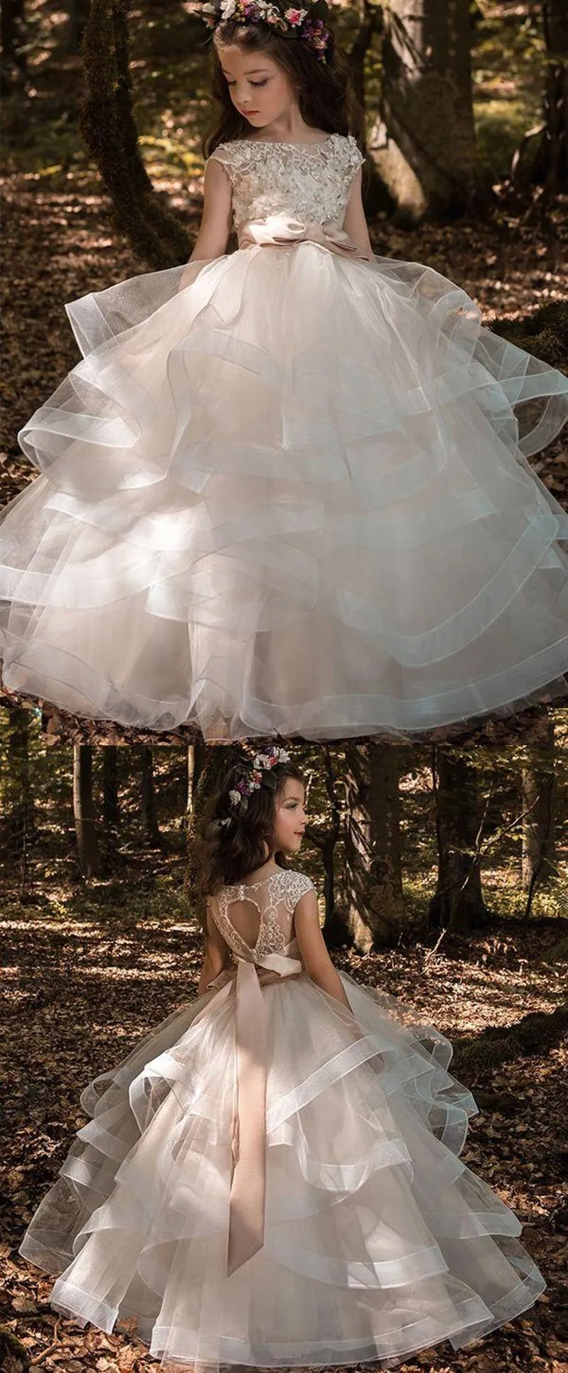 Tiered Ruffles Tulle Ball Gowns Girls Pageant Klänningar Bow Golv Längd Blommig Flicka Klänning Lace Beaded Bateau Cap Sleeves Kids Bröllopsklänningar