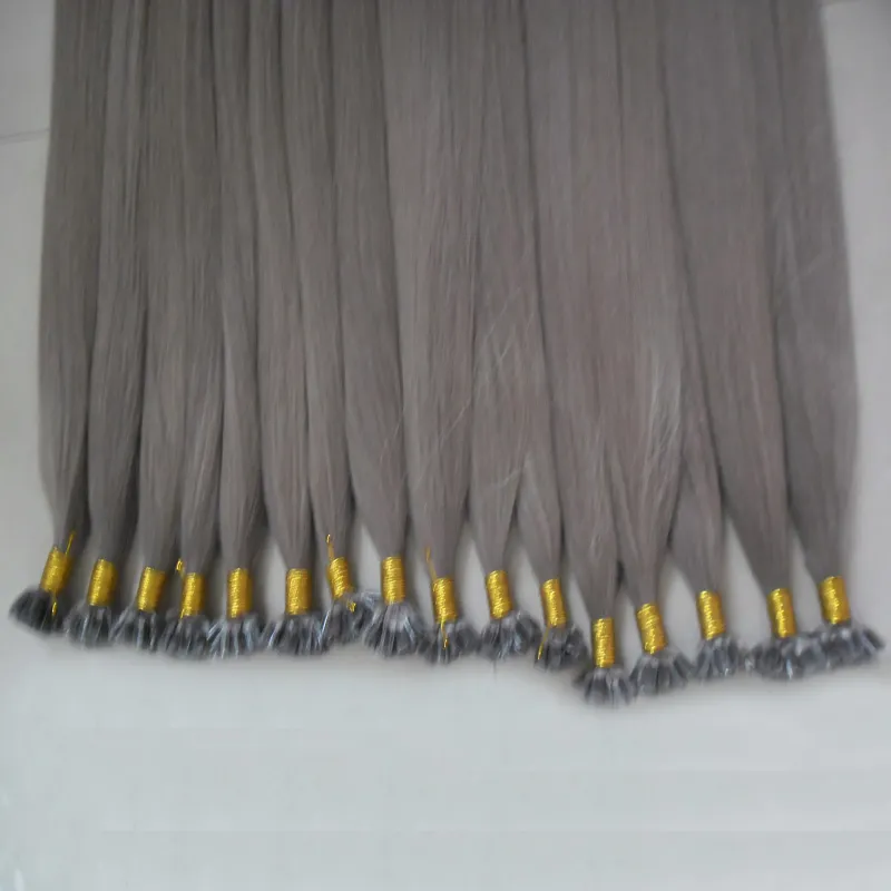 Straight Machine Made Grey Virgin Hair Pre Bonded Keratin Kapslar Hår 100g Nail U Tips Hårförlängningar