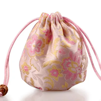 Mini Chinese Silk Jewelry Pouch Satin Floral Drawstring Gift Bag Round Bottom Packaging Bags Sachet 