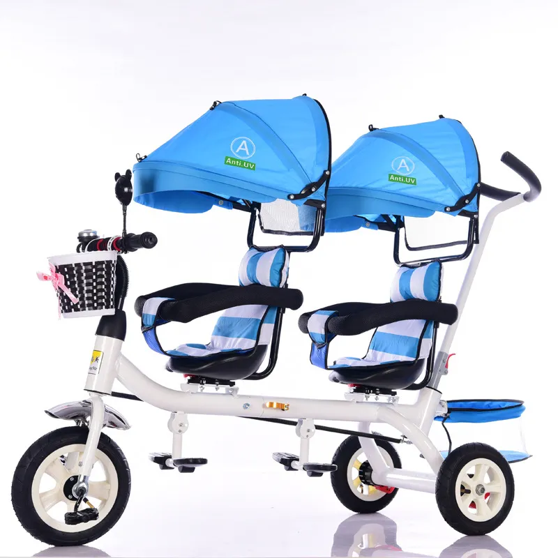 Tricycle double pour enfants de qualité supérieure, jumeaux, chariot, siège pivotant à une clé, vélo pliant pour bébé