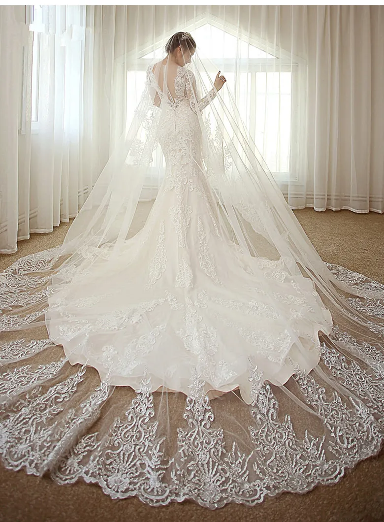 Amazing 4M One Layer Long Cathedral Wedding Veils Lace Trim Soft Tulle Ivory Blusher Bridal Veil Accessories