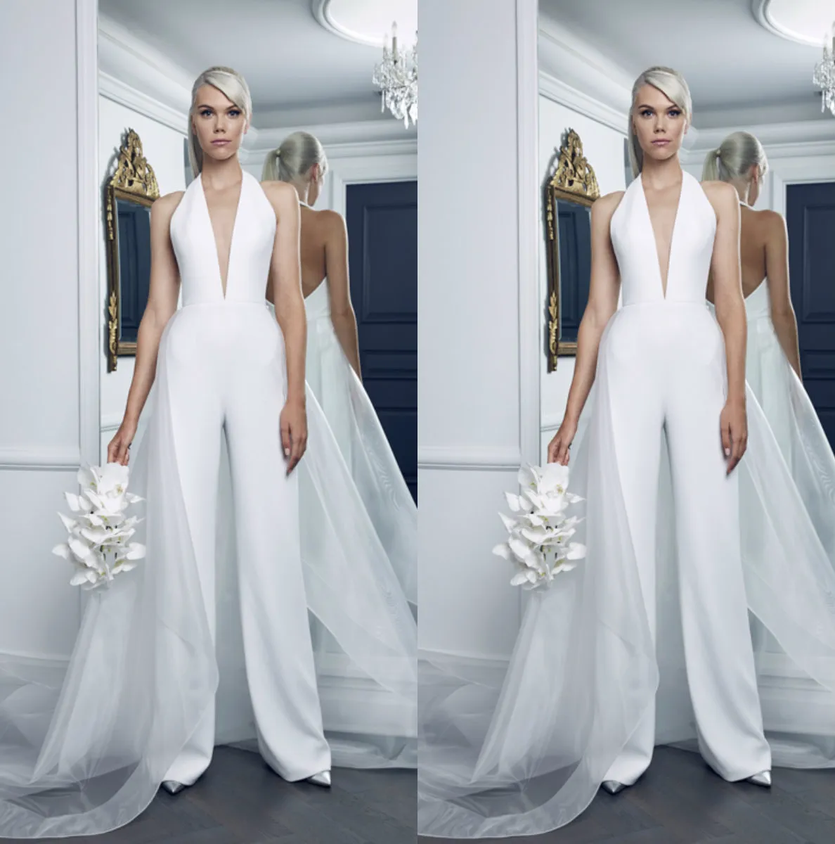 Abiti da sposa taglie forti modesti Tute da donna con gonna oversize in tulle Scollo a V profondo Abito da sposa da spiaggia bianco puro Abiti da sposa Sexy Back