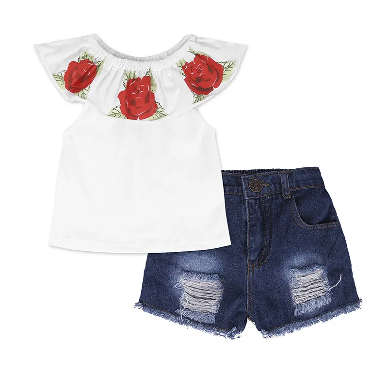 Cute Toddler Clothing 2018 Summer Kids Neonate Vestiti Set Flower Top + Pantaloncini di jeans 2 pezzi Abiti ragazze Moda Abbigliamento bambini 2-7T