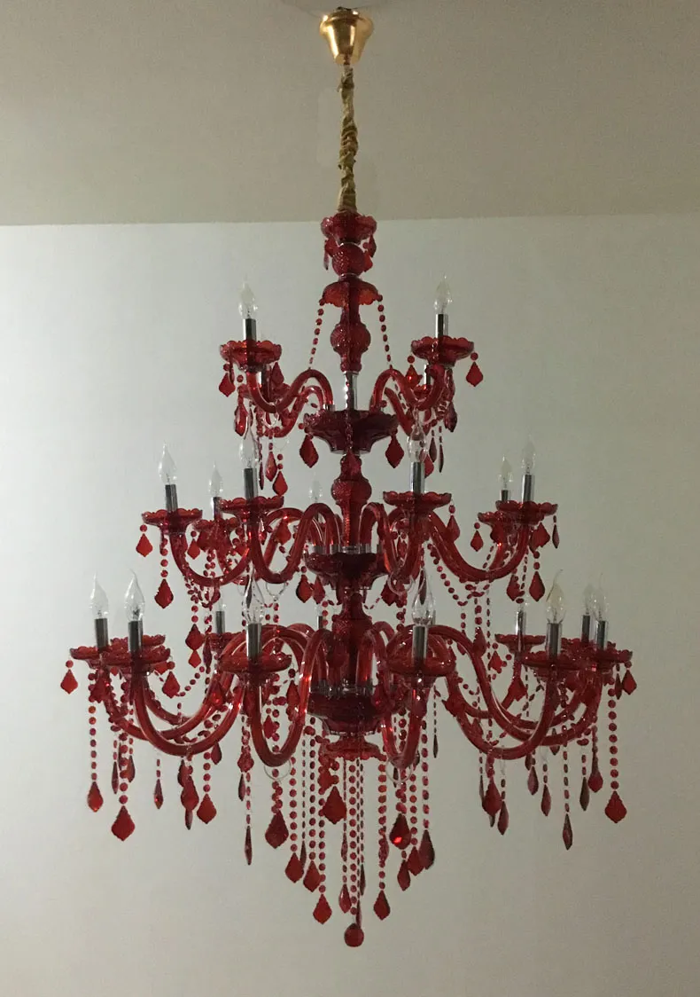 Large Red Crystal Chandelier Lighting in red 3 tiers Big Cristal Lustres Light Fixture BIG Crystal chandeliers for villa Hotel