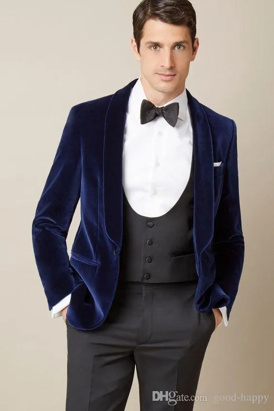 Nowa moda Navy Blue Velvet Groom Tuxedos Groomsmen Blazer Doskonałe Mężczyźni Biznesowe Formalne Prom Party Garnitury (Kurtka + Spodnie + Kamizelka + Kamizelka) Nie; 910