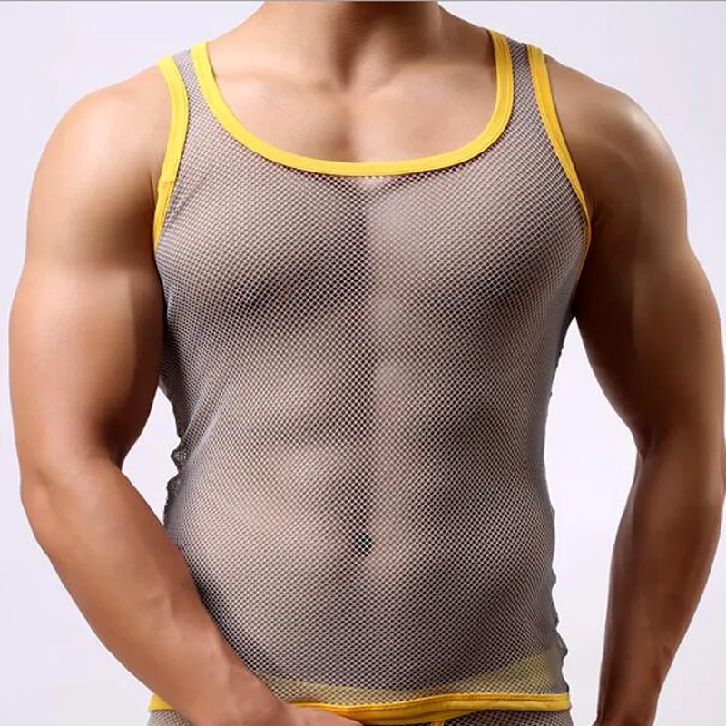 Hot Sale Brand Fashion Sexy Men's Mesh Vest Casual Spandex T-shirt Net Yarn Vest Slim Fit Undershirt Breathable Transparent Gay Underwear