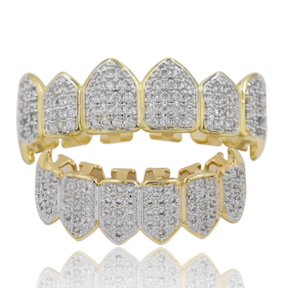 Denti moda donna uomo Grillz placcato oro 18K Macro Pave CZ Grillz ghiacciato Set superiore e inferiore Hip-hop Grillzs Bling Bling Stile personalizzato,