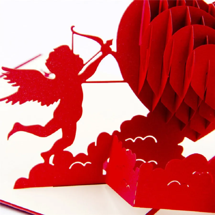 Cartoline Tagliate al laser Cupido Amore Cuore Biglietto di auguri 3D Biglietto pop-up Regalo di nozze San Valentino Mestiere con la carta fai da te