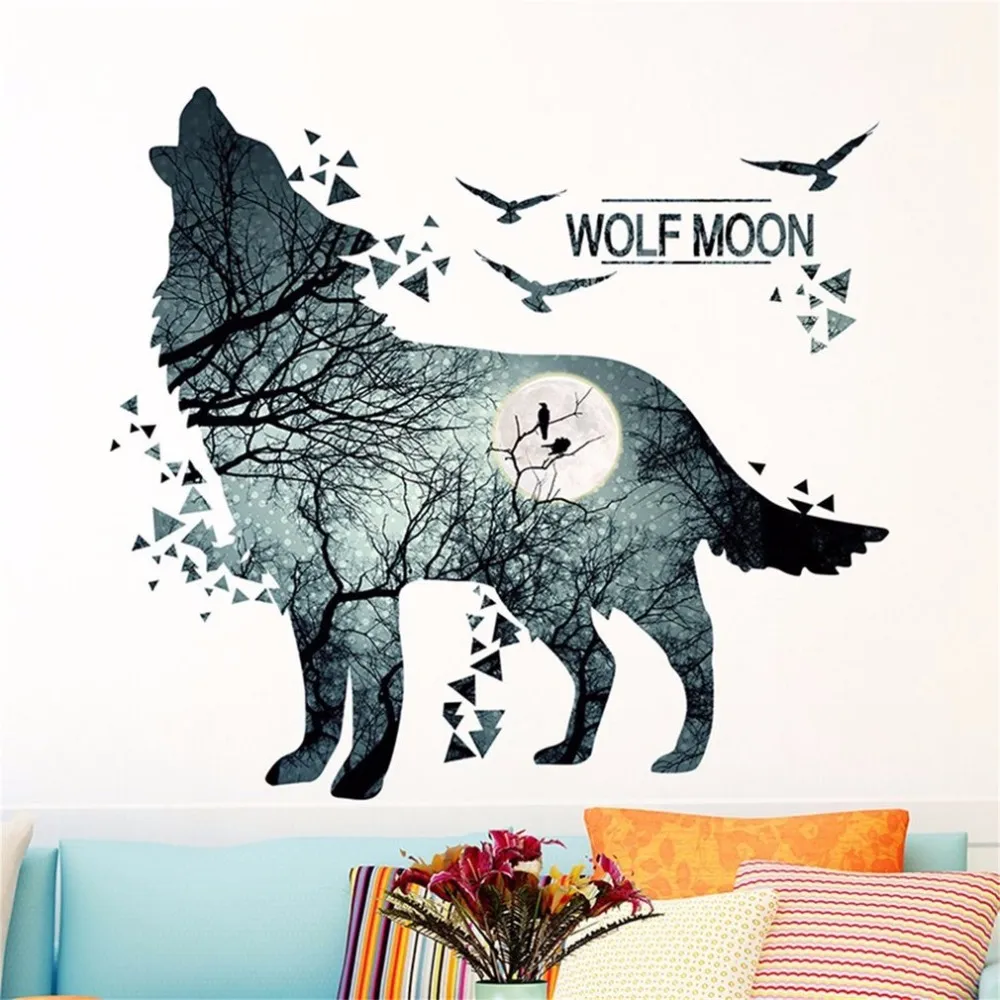 OUTAD Fashion Silhouette Wald Mond Nacht Wolf Sofa Hintergrund Tapete Stilvolle Schlafzimmer Wandaufkleber Wohnzimmer Wandbild Home Decor1750902