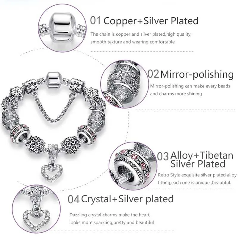 Charm Armband Fashion Antique 925 Silver Bangles Crystal Heart Pärlor Armband för kvinnor DIY Original Jewelry Gift12492