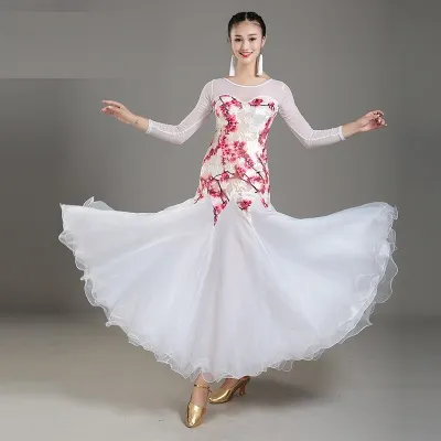 Adult/Women Ballroom Dance Dress Modern Waltz Standard Competition Dance Dress Mesh Stitching Flower Printed Dress 4Color White Black Purple