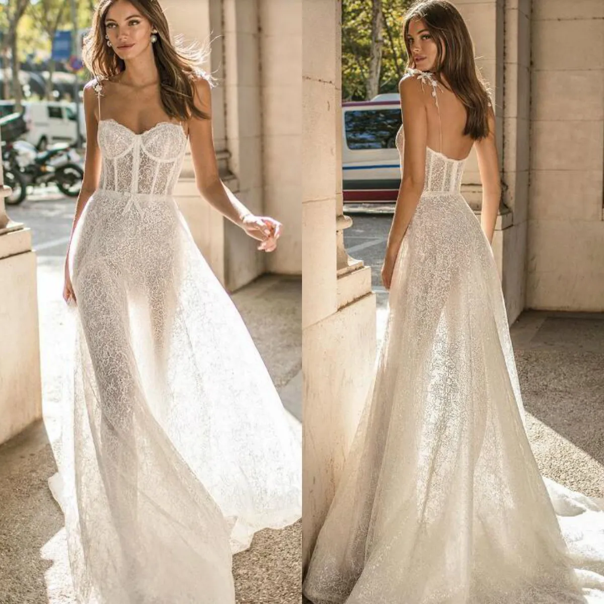 Ultimi abiti da sposa Berta senza spalline in pizzo pieno abiti da sposa sexy illusione abito da sposa da spiaggia senza schienale con disossamento esposto