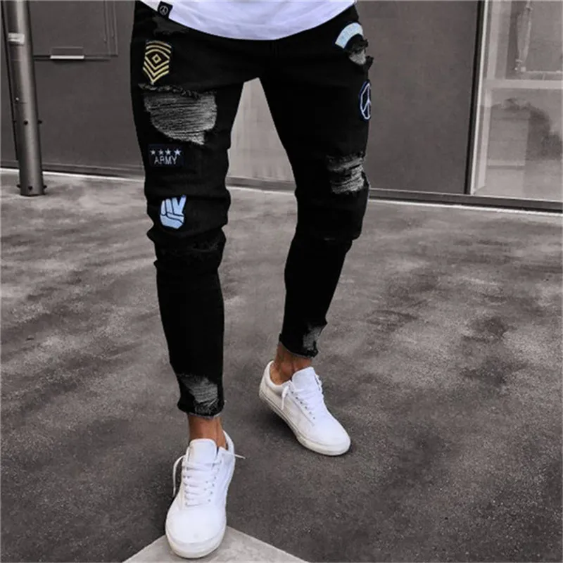 Mäns jeans 2018 Män stilfulla rippade byxor Biker Skinny Slim Straight Frayed Denim Trousers New Fashion Clothes