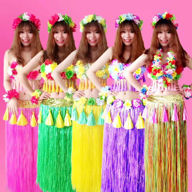 Hula Dancer Lei Flowers Coconut Bra Grass Skirt Long Sleeve T-Shirt T-Shirt