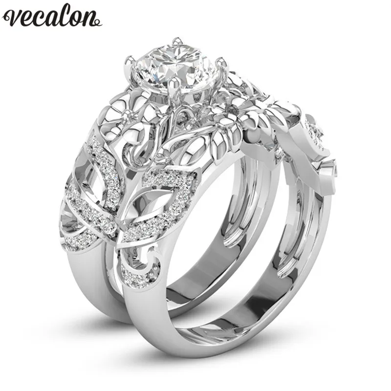 Vecalon bloemvorm paar ring zilveren kleur 5a cz verlovings trouw band ringen voor vrouwen mannen dropshipping sieraden