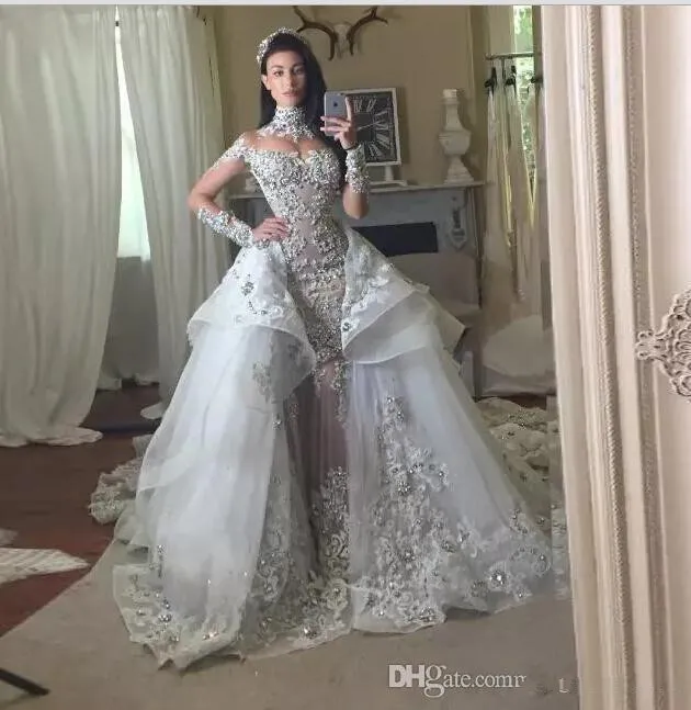 Abiti da sposa trasparenti con collo alto a sirena e maniche lunghe con gonna staccabile e strascico 2019 Abiti da sposa con corsetto USA