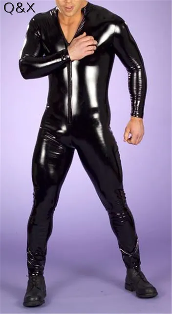 Sexig underkläder män PU Catsuit Faux Läder Front Zipper Crotch 2018 Bodysuit Fetish Kostymer Erotisk Underkläder Plus Storlek