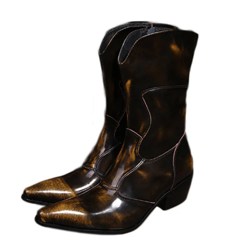 Western Cowboy Boots Män Mediun-Kalv Äkta Läder Mens Stövlar 6,5cm Heels Botas Hombre Motocycle Militär Stövlar Man, EU38-46