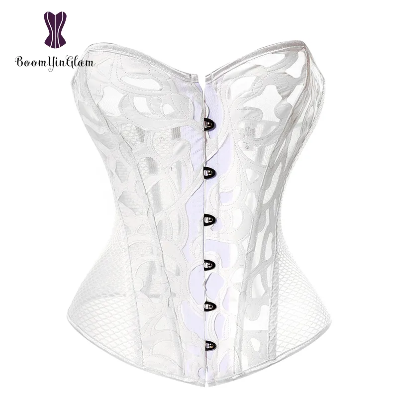 930# High Quality Transparent Women Corset Sexy Hollow Out Slimming Waist Appliques White Corset For Wedding Black