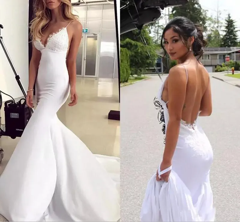 2018 Sexy Dos Nu Sirène Robes De Mariée Élégant Spaghetti Dentelle En Mousseline De Soie Long Beach Jardin Robes De Mariée Sur Mesure Chine EN1191