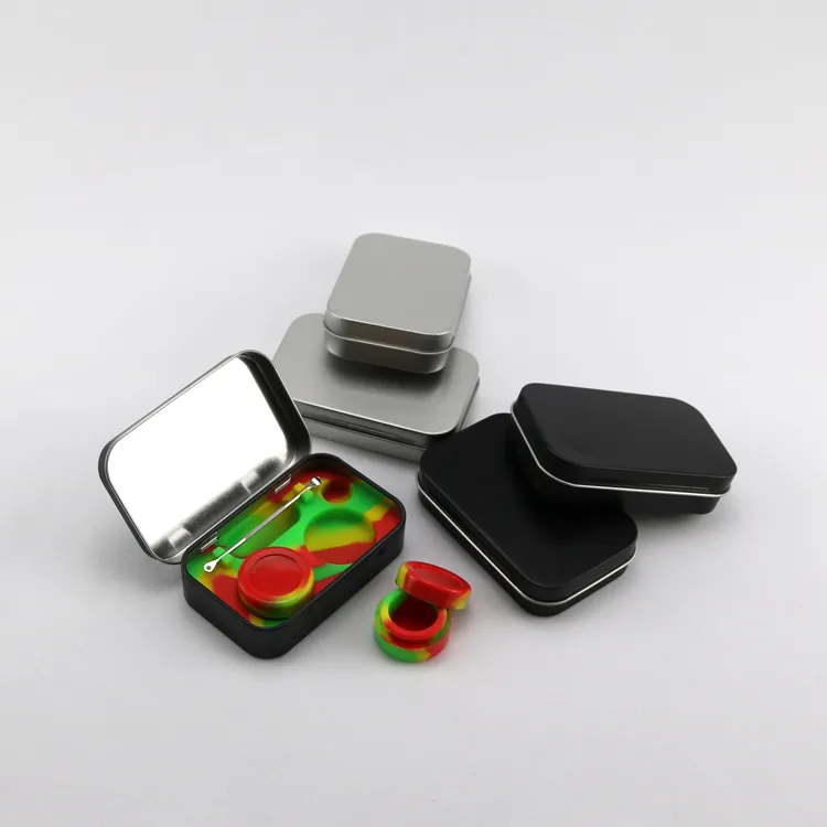 4 in 1 Kit di stoccaggio in silicone di latta Set con 2 pezzi 5 ml Contenitore di cera siliconica Vaso di olio Base Dab Dabber Strumento Metallo Argento Scatola nera Custodia DHL