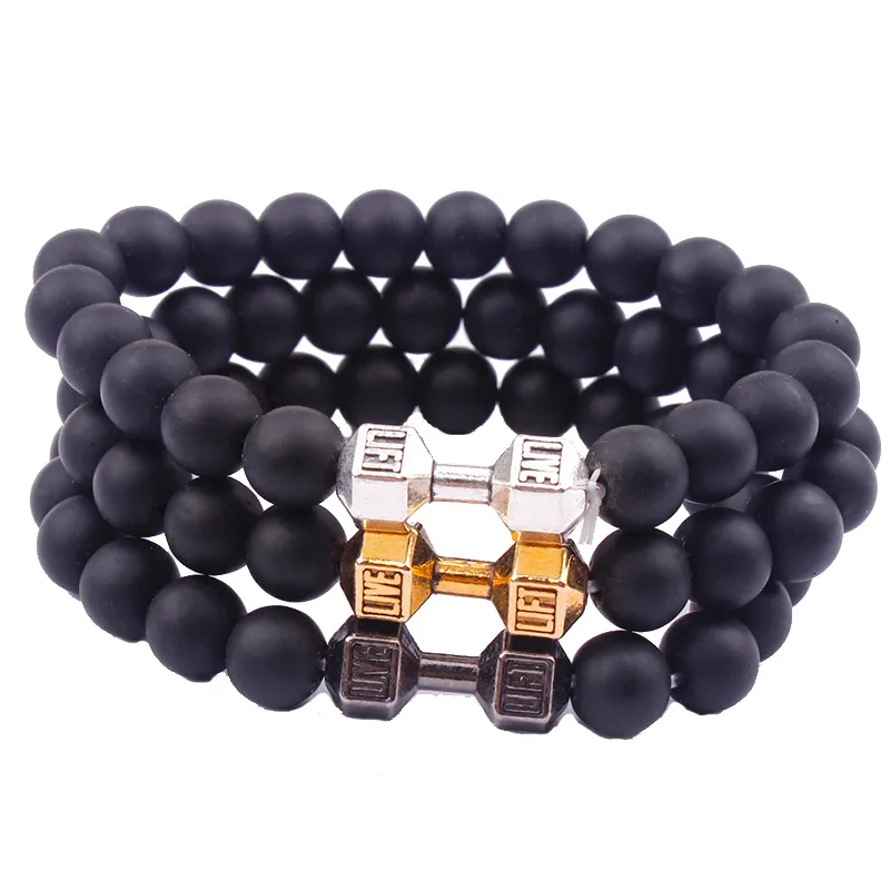 Fashion 8MM Matted Black Stone Beads Manubri Bracciale oro antico argento donna uomo gioielli braccialetto moda